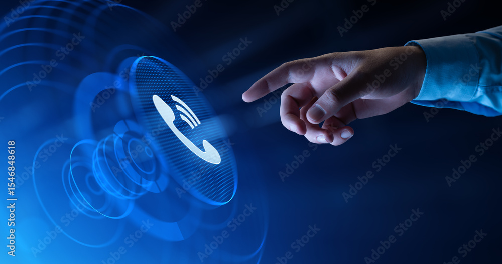 Poster hand touching call center icon on digital interface. support and customer service concept
