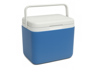 Closed blue portable cooler box isolated on transparent background