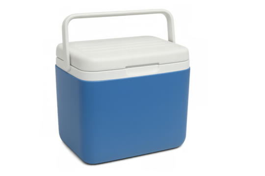 Closed blue portable cooler box isolated on transparent background