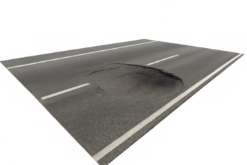 Damaged asphalt road with pothole on transparent background