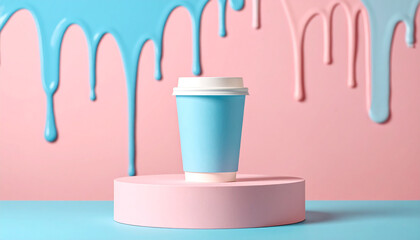 Tall Pastel Pedestal with Blue Coffee Cup &ndash; Modern Drip-Art Mock-up for Caf&eacute; & Packaging Projects