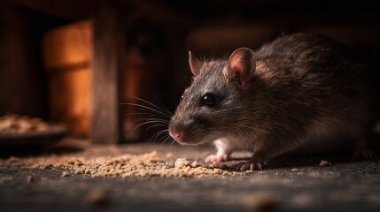Close up of brown rat eating food crumbs in dark environment pest control rodent infestation concept