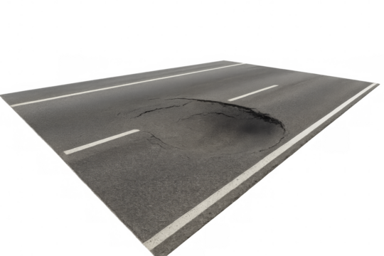 Damaged asphalt road with pothole on transparent background