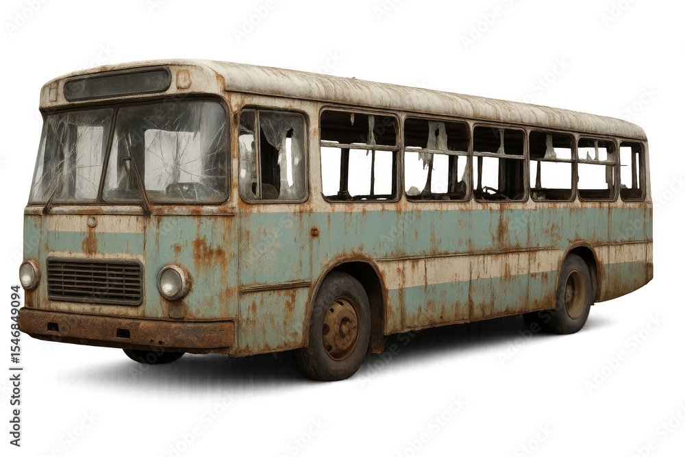 Poster abandoned rusty bus with broken windows on transparent background