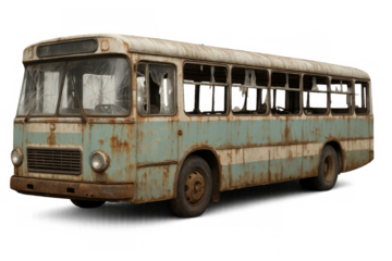 Abandoned rusty bus with broken windows on transparent background
