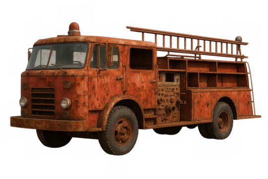 Rusty vintage fire truck isolated with transparent background