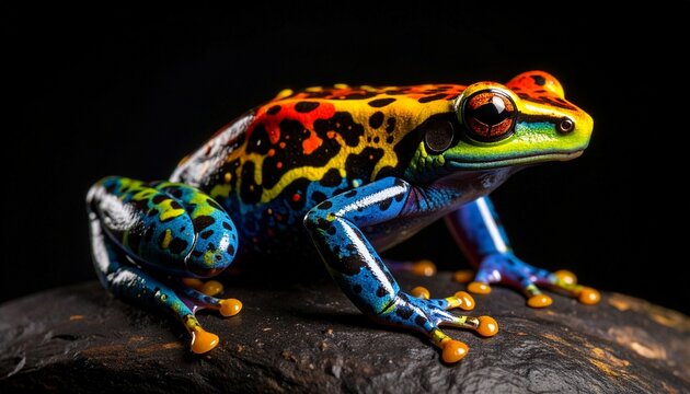 
Rana ex&oacute;tica de colores vibrantes sobre roca oscura
