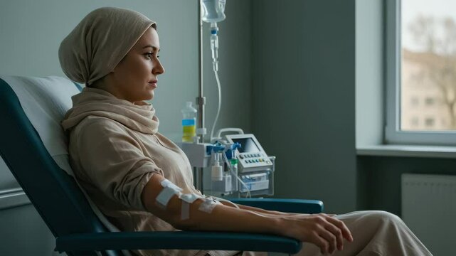 Female patient receiving chemotherapy in oncology center, cancer treatment support