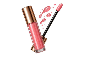 Pink lip gloss with glitter effect, isolated on a transparent background, beauty
