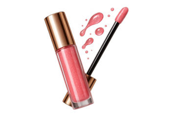 Pink lip gloss with glitter effect, isolated on a transparent background, beauty