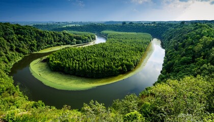 a winding river forms a question mark amidst a lush verdant forest