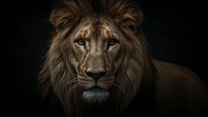 Naklejka premium Male lion with sharp gaze and lush fur, dramatic studio lighting, dark background emphasizes the majesty,zoo,king,face