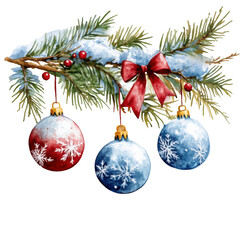Festive holiday decorations featuring red and blue ornaments hanging from a snow-covered pine branch