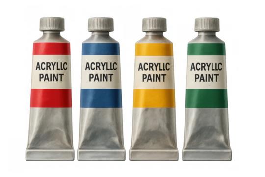 Red, blue, yellow and green acrylic paint tubes isolated on transparent background, ready for painting and artistic creation