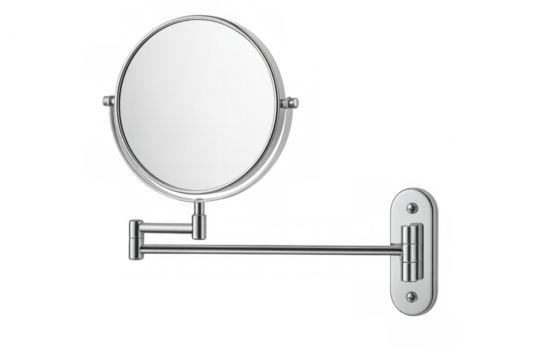 Chrome wall mount extendable makeup mirror on transparent background