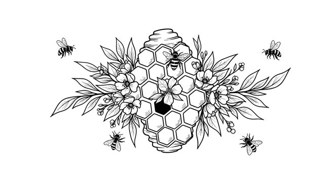 Honeycomb and beehive surrounded by flowers and bees in an intricate botanical design
