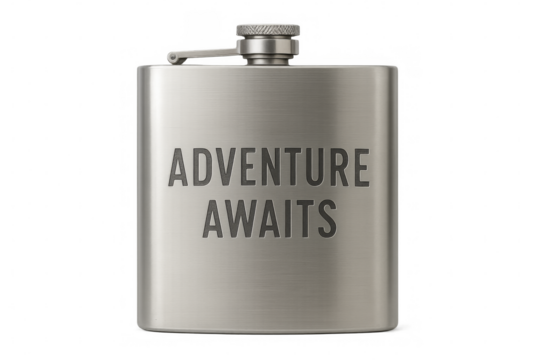 Metal hip flask showing adventure awaits on transparent background