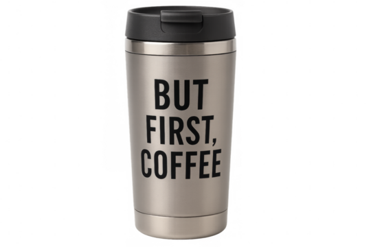 Reusable coffee cup with but first, coffee slogan on transparent background