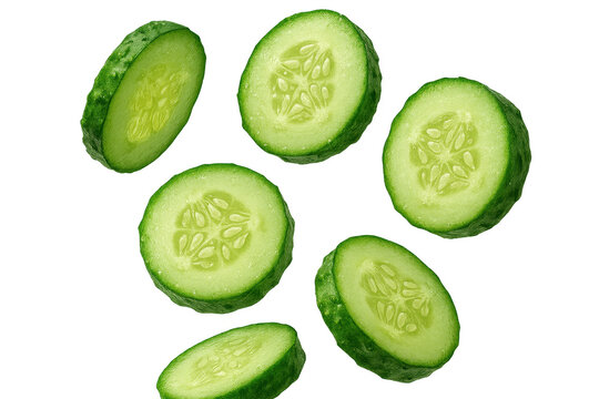 Fresh cucumber slices isolated on transparent background, vibrant, and healthy