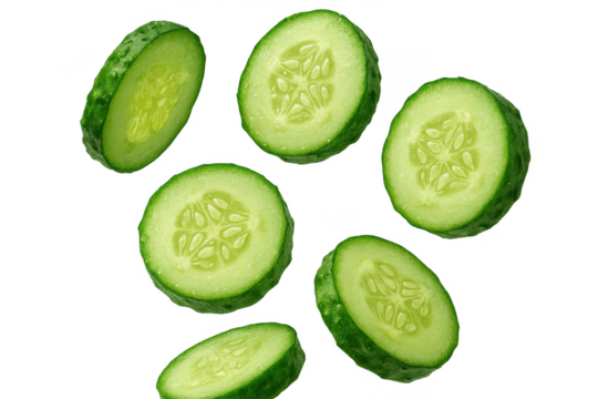 Fresh cucumber slices isolated on transparent background, vibrant, and healthy
