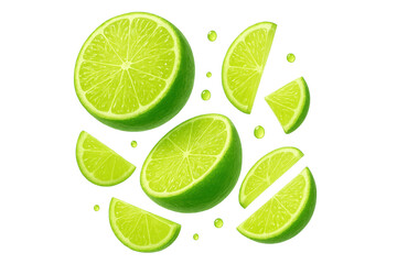 Fresh lime slices arrangement isolated on transparent background, with juice drops