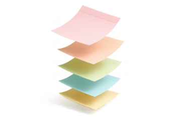 Stack of colorful pastel sticky notes isolated on a transparent background neatly aligned