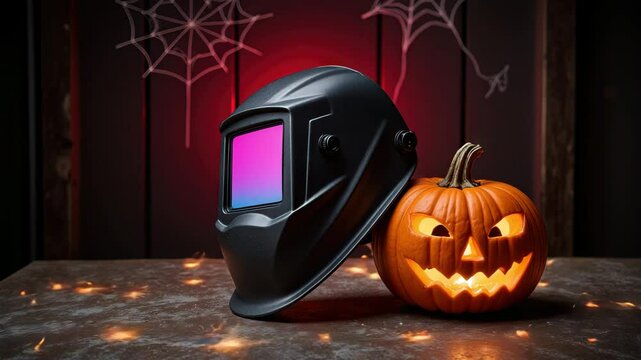 Welder's Mask and Jack-o'-Lantern with Sparks on Workbench, Halloween Decor