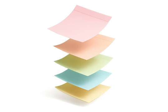 Stack of colorful pastel sticky notes isolated on a transparent background neatly aligned