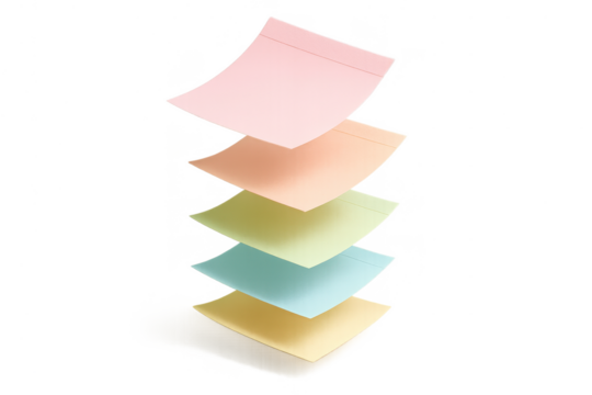 Stack of colorful pastel sticky notes isolated on a transparent background neatly aligned