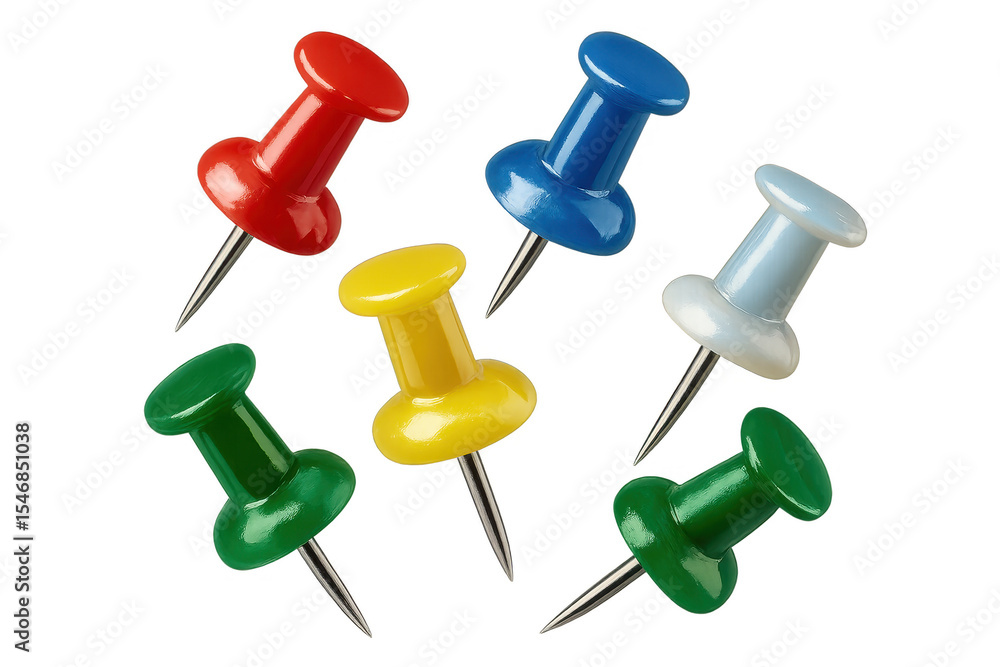 Poster collection of colorful push pins isolated on transparent background studio shot.