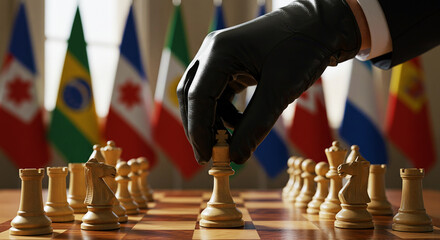A gloved hand moving a chess piece on a board with international flags in the background indoors