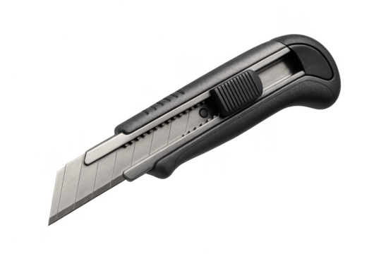 Retractable utility knife with segmented blade isolated on transparent background