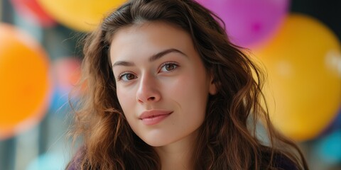Fototapeta premium Young caucasian female smiling amidst colorful balloons