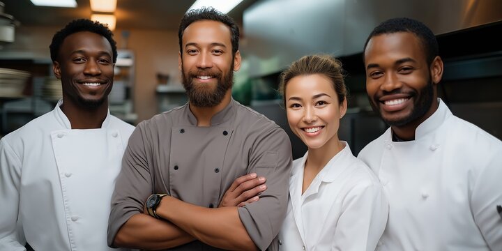 Diverse group of chefs in kitchen smiling at camera