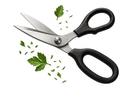 Open silver scissors with black handles, surrounded by cut leaves isolated, transparent background