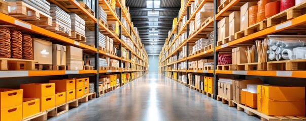 Fototapeta premium Organized storage aisle with neatly arranged shelves in a well-lit warehouse