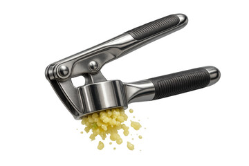 Stainless steel garlic press crushing garlic, isolated on transparent background.
