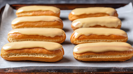 Éclairs with a beige glaze on baking paper