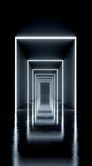 Unique geometric corridor with glowing light frames creating an illusion of depth in a darkened space