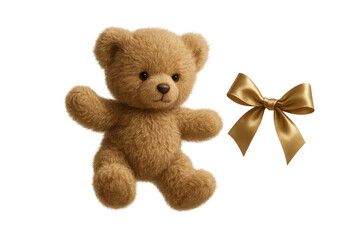 Obraz premium Cute teddy bear with golden ribbon isolated on transparent background image.