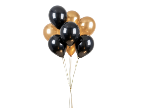 cluster of blank and golden balloons filled with helium air isolated on white or transparent png