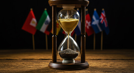 An hourglass with cracked glass and sand on a wooden surface with blurry flags in the background