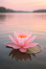 Pink lotus resting peacefully on tranquil water. A serene scene exuding peace, beauty, and tranquility, capturing nature's quiet moments.
