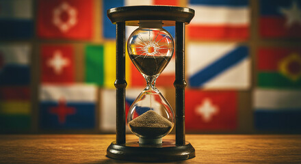 A broken hourglass with sand on a wooden surface and flags of different countries in the background