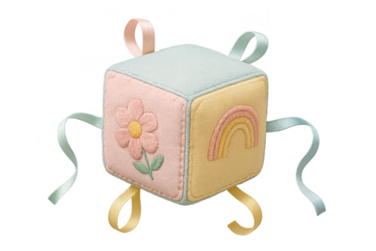 Pastel colored soft block toy with flower and rainbow isolated on transparent