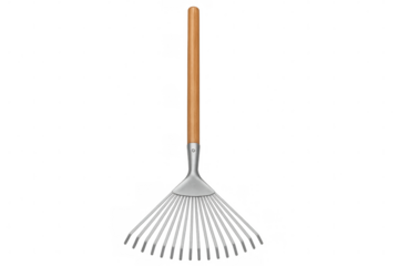 Metal garden rake with wooden handle isolated on transparent background, perfect for agriculture and gardening projects