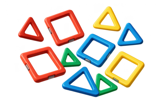 Colorful geometric shapes isolated on transparent background, playful arrangement