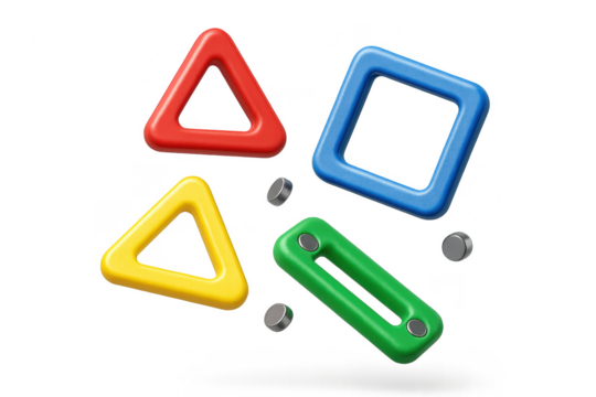 Colorful plastic shapes and magnetic connectors isolated on transparent background