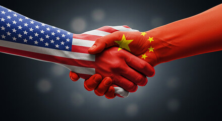 A handshake between united states and china flags painted on hands against a grey background scene