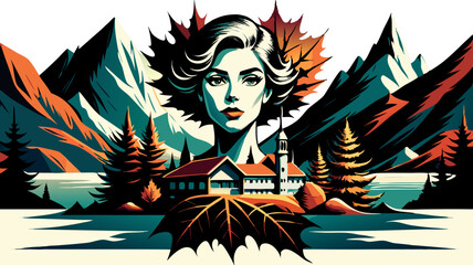 Woman surrounded by autumn leaves in picturesque mountain landscape